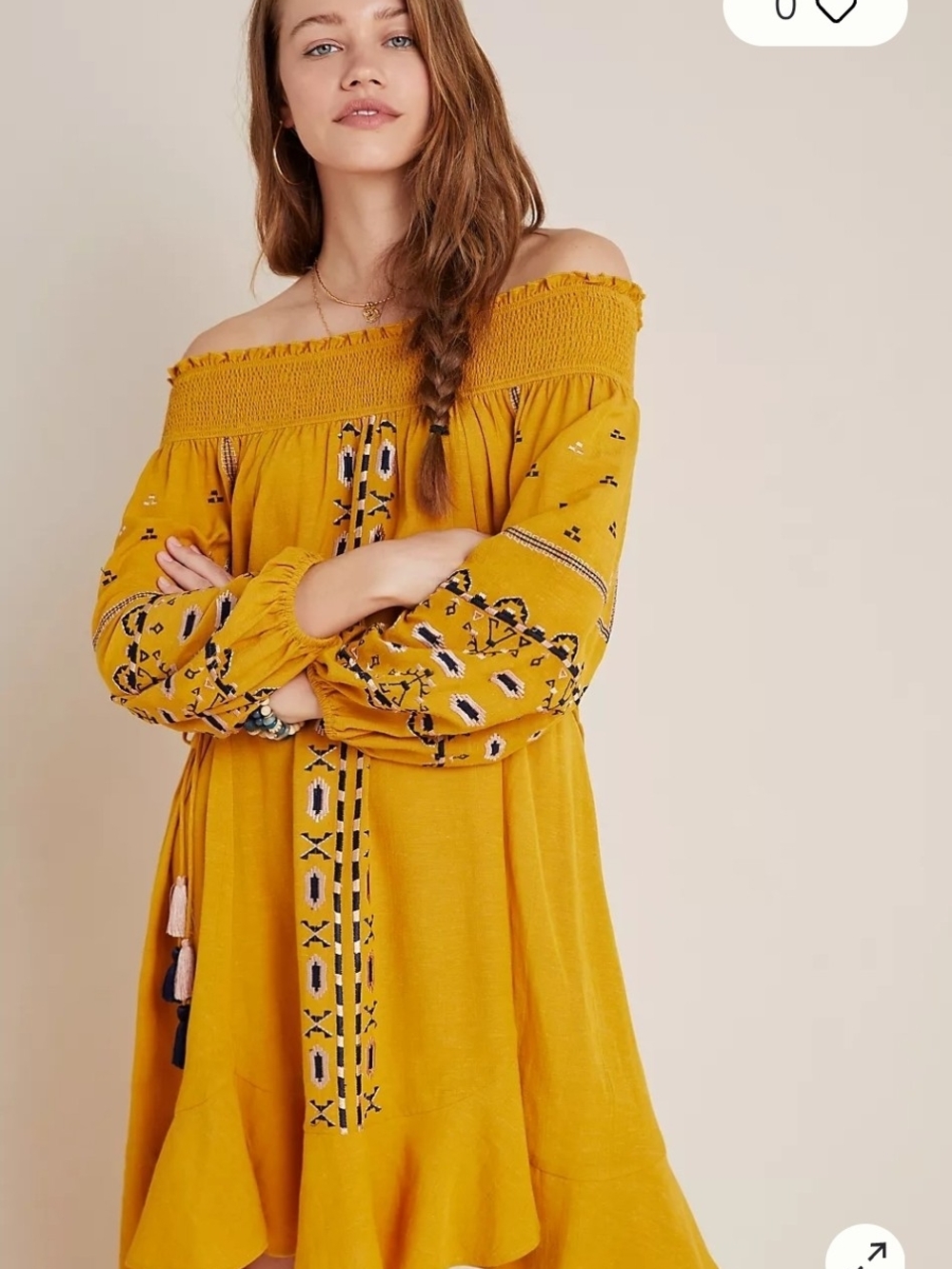 Anthropologie Mustard Yellow Off-Shoulder Embroidered Mini Dress